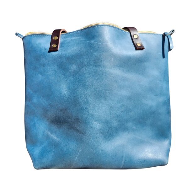 Portland Leather Limited Edition Leather Tote Bag Medium Zipper Aqua Brown Strap - Picture 3 of 12
